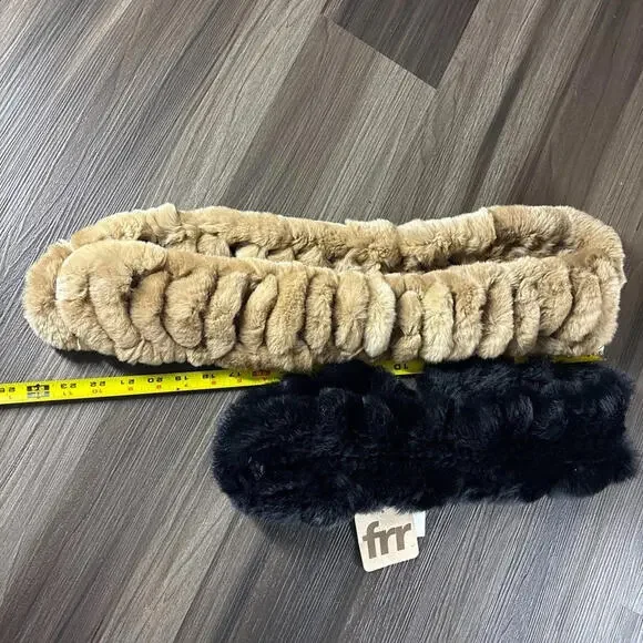 NWT Rex Rabbit Fur Scarf Black Pull Through Tan Slotted Scarves - Picture 9 of 9